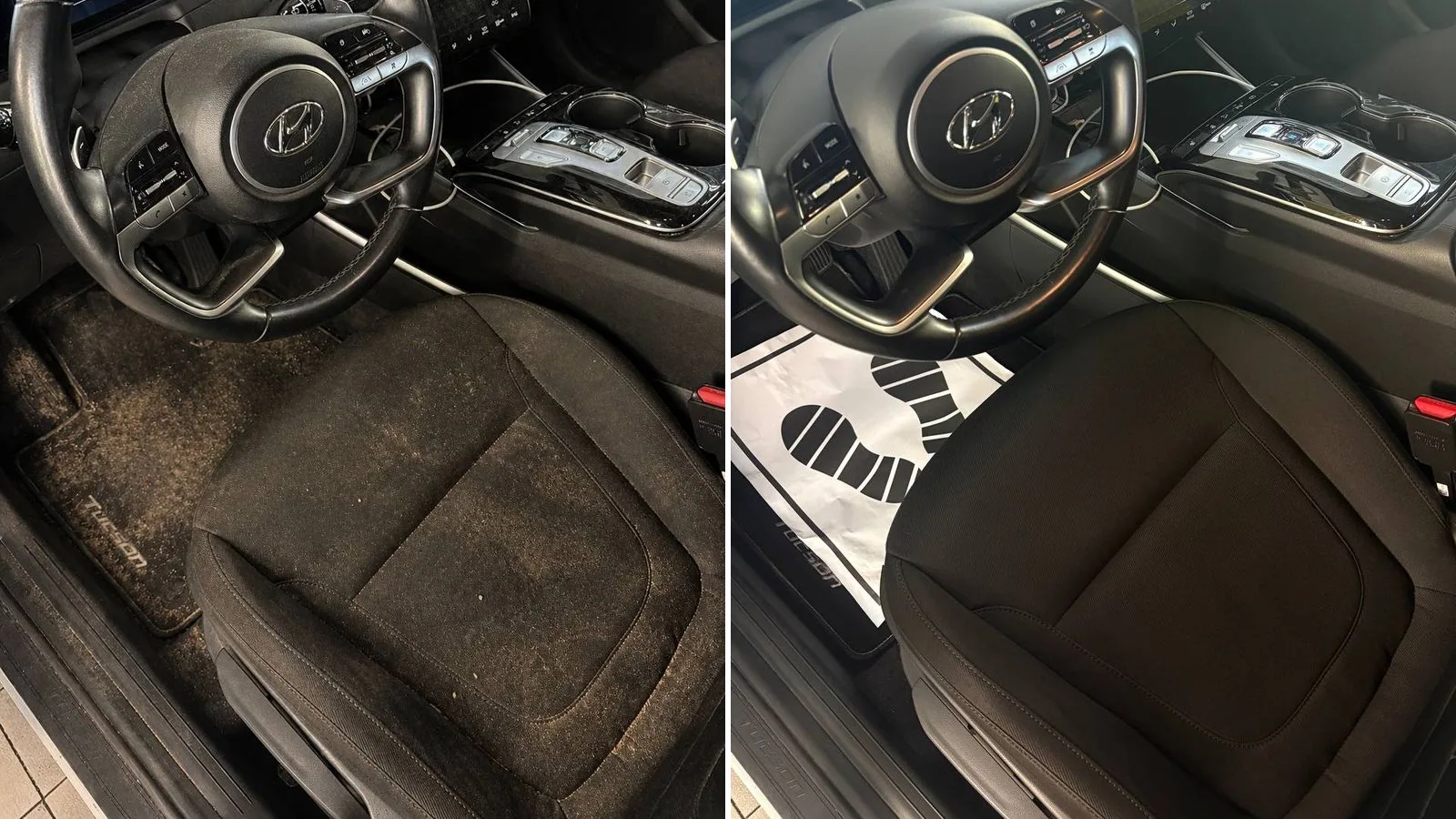 Hyundai Tucson - Dėmėtas Hyundai Tucson salonas prieš valymą / Švarus Hyundai Tucson salonas po cheminio valymo